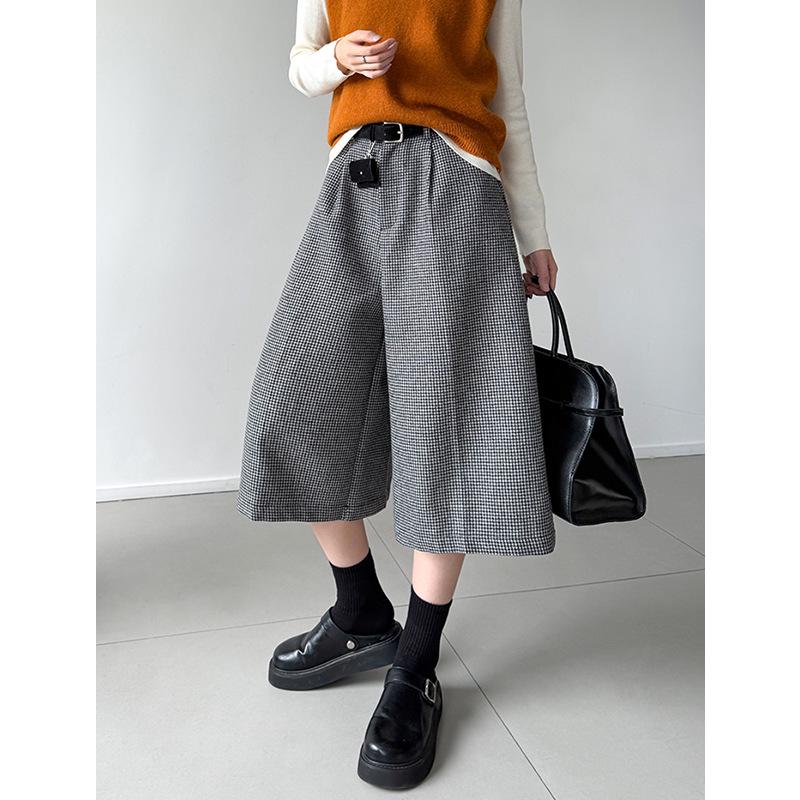Ju Zhi Early Autumn Plaid Wool Wide-Leg Retro Houndstooth Pants