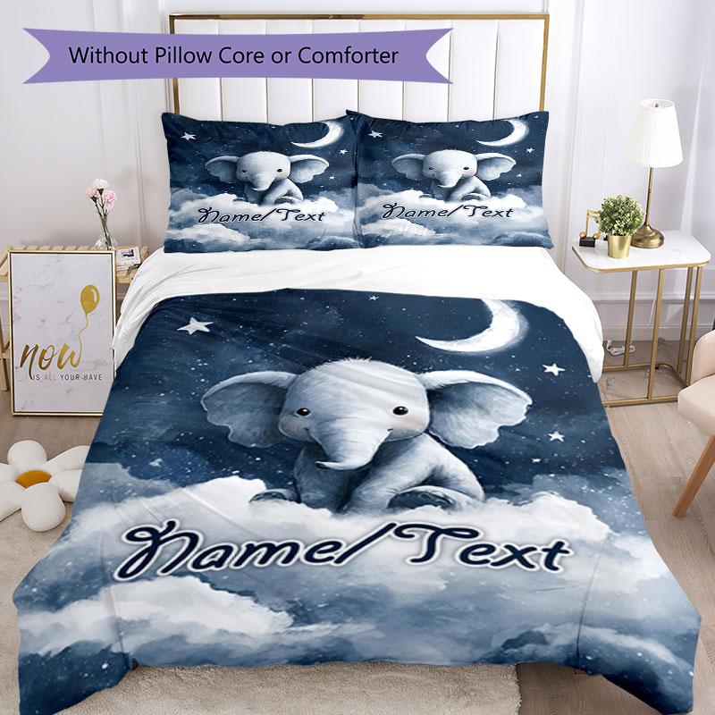 3PC Custom Name Nightly Elephant Dreams Bedding Set Printed Bedding Set Duvet Cover Closure Includes 1 Duvet Cover & 16 Pillowcases for Bedroom