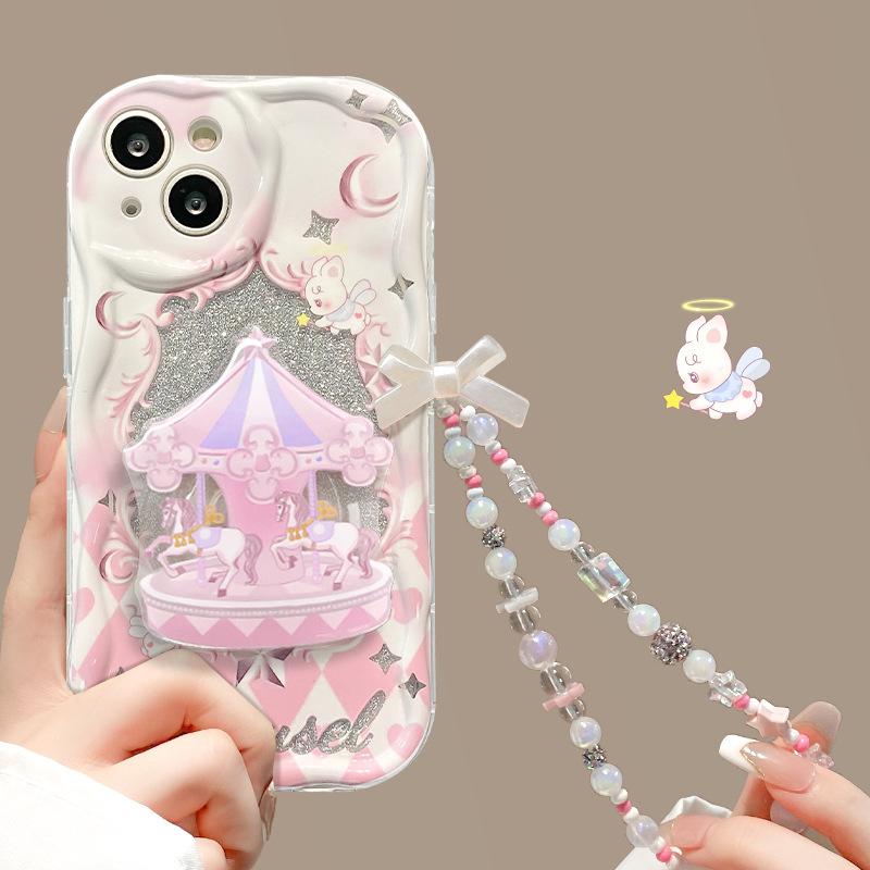 Подходит для чехла для мобильного телефона Apple 14promax iPhone 13 Милая карусель Подставка Цепочка 11/12 Прозрачный