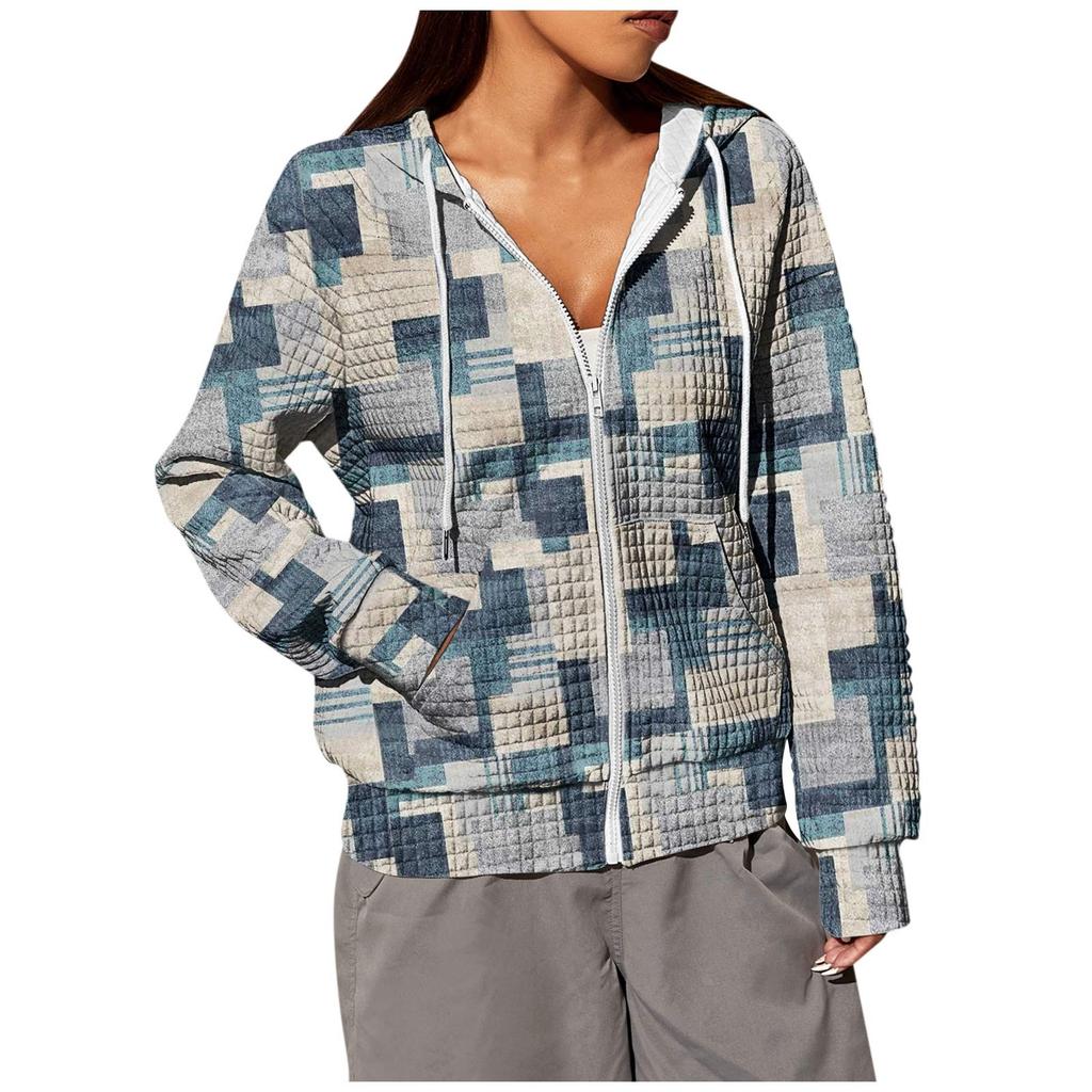 Women's Fashion Irregular Geometric Print Long Sleeve Pocket Loose Zipper Hooded Hoodie Jacket