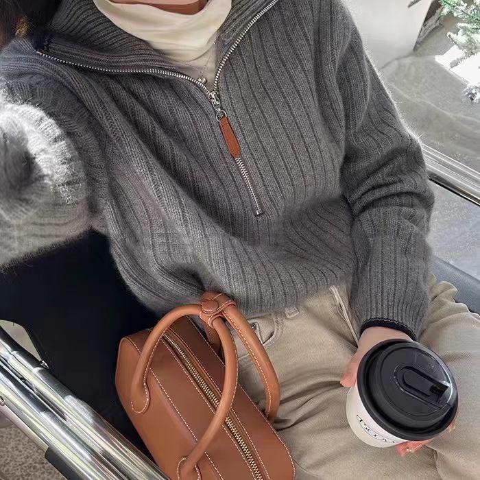2025 Autumn/Winter Women's Half-Zip 100% Pure Wool Sweater - Loose Slimming Elegant Base Layer Top