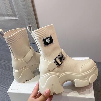 Модные женские сапоги на платформе средней высоты, осенне-зимние, на высокой подошве, дышащие, трикотажные, эластичные, на высоком каблуке для женщин 2024 г.