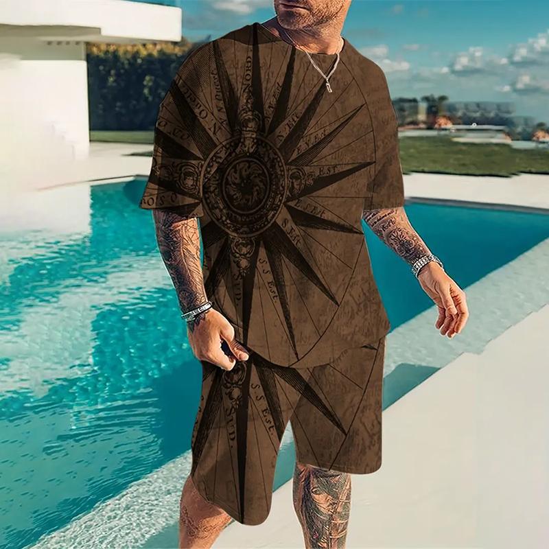 Мужская футболка из двух частей, винтажная футболка с принтом солнца 3D, шорты, летний повседневный свободный быстросохнущий мужской костюм, одежда для вечеринок