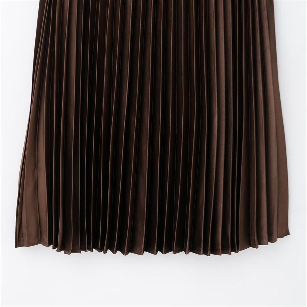 Весна 2025 Женская приталенная миди-юбка из шелкового сатина с плиссировкой и высокой посадкой