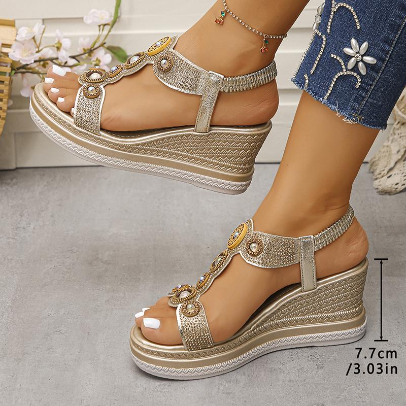Модные женские сандалии-клинья с декором из хрусталя и жемчуга в богемном стиле, расшитые бисером сандалии на платформе для женщин, летние 2025, пляжная обувь на толстой подошве