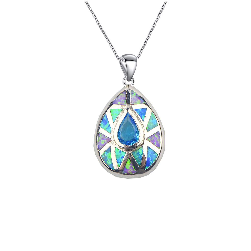Aobao Christian Copper Link Chain Necklace with Silver Plated Water Drop Pendant Inlaid Opal