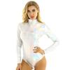 Women's Shiny Metallic Long Sleeve Turtleneck Thong Leotards Dance Gymnastics Bodysuit Clubwear