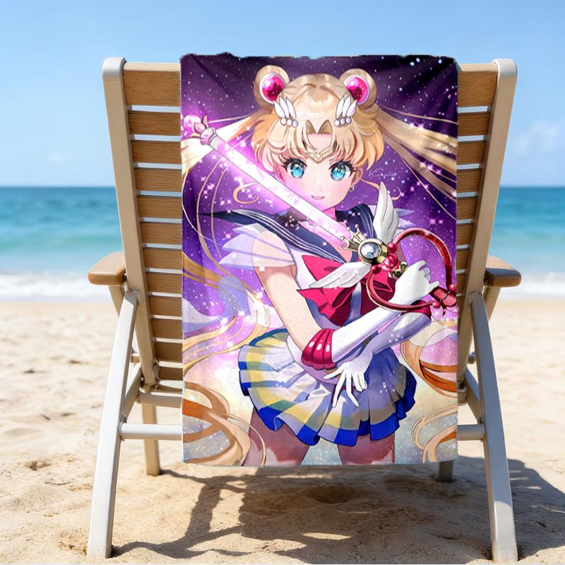 proof beach towel with a Sailor Moon1 pattern - soft,absorbent,quick-drying,machine washable - perfect for swimming,camping,bathing