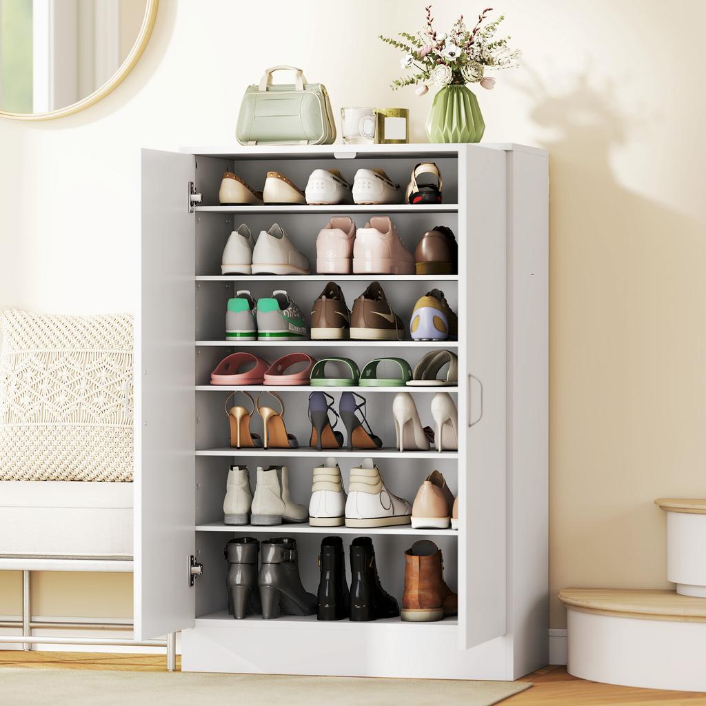 Shoe Cabinet with 2 Doors, 6 Adjustable Shelves, Soft-Close Hinges for 21 Pairs, White