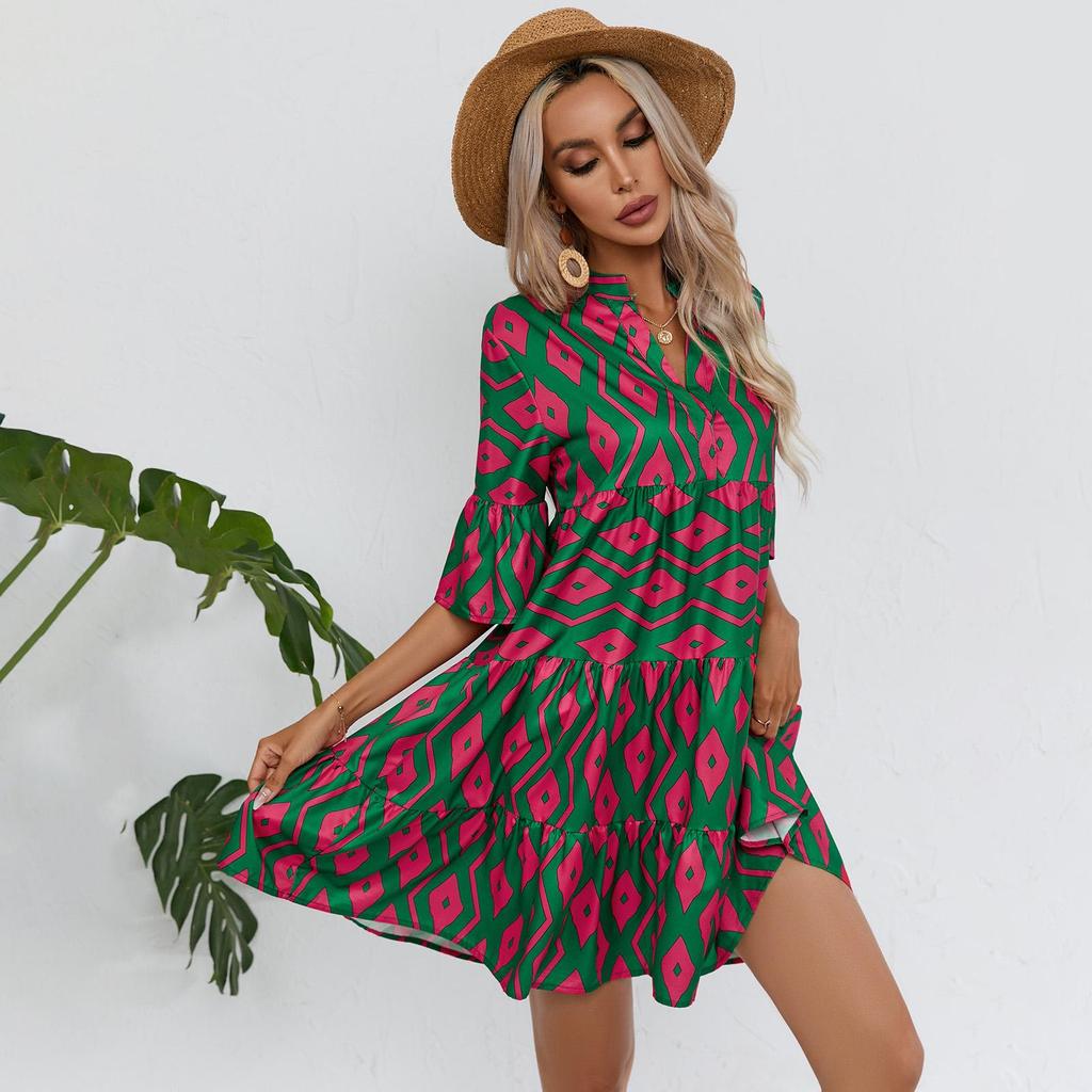 Женское летнее платье с короткими рукавами и высокой талией в этническом стиле на шнуровке