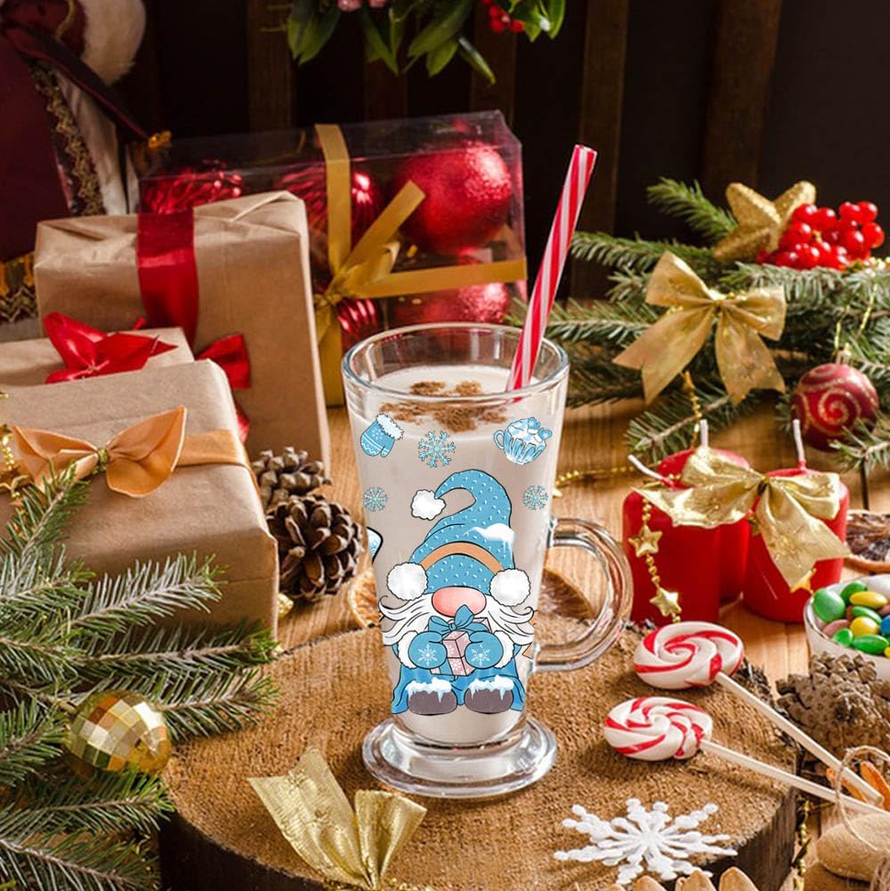 5PCS Christmas UV DTF Cup Wraps Blue Snowman Dwarf Uvdtf Transfer Stickers for 16oz Glass Cup Winter Xmas Tree Snowflake Gingerbread Man Design No Hea