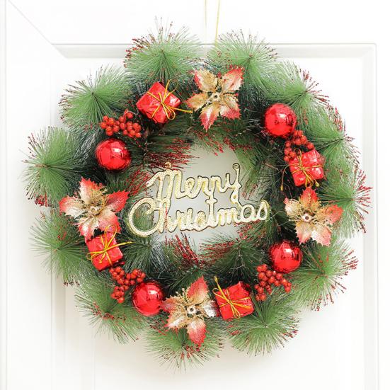 Christmas Wreath for Front Door Artificial Pine Needle Wreath with Balls Bows Flowers Merry Christmas Hanging Decor for Home Wall Window Porch Decor