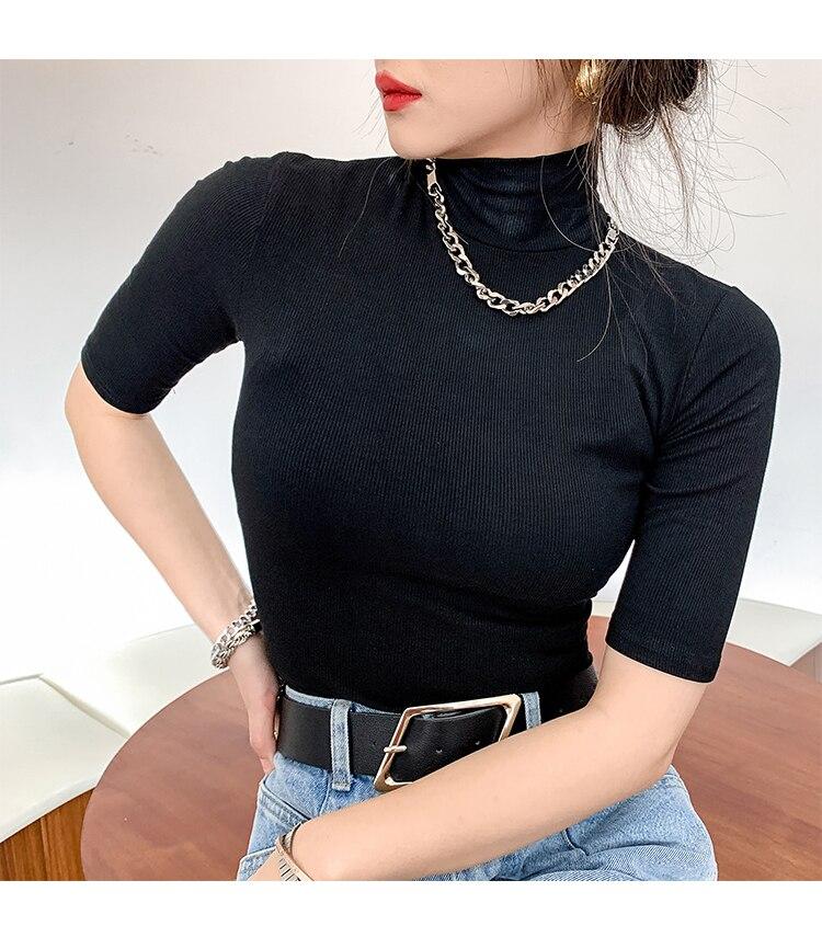 Модная базовая хлопковая футболка с высоким воротником, универсальные футболки с короткими рукавами, женская повседневная эластичная белая футболка, женский топ 20398