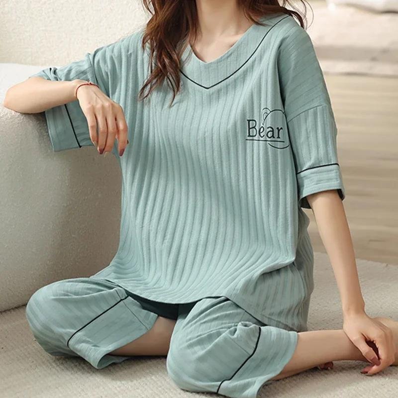 Летние пижамы-капри для женщин, повседневные пижамные комплекты с мультяшными лацканами, милая пижама для девочек из мягкого хлопка