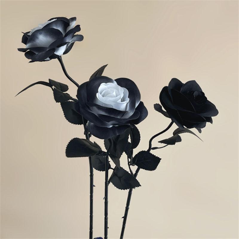 Fake Flower Black Silk Artificial Rose Flower Halloween Gothic Dark Flowers For Wedding Home Party Decor Simulation Flowers