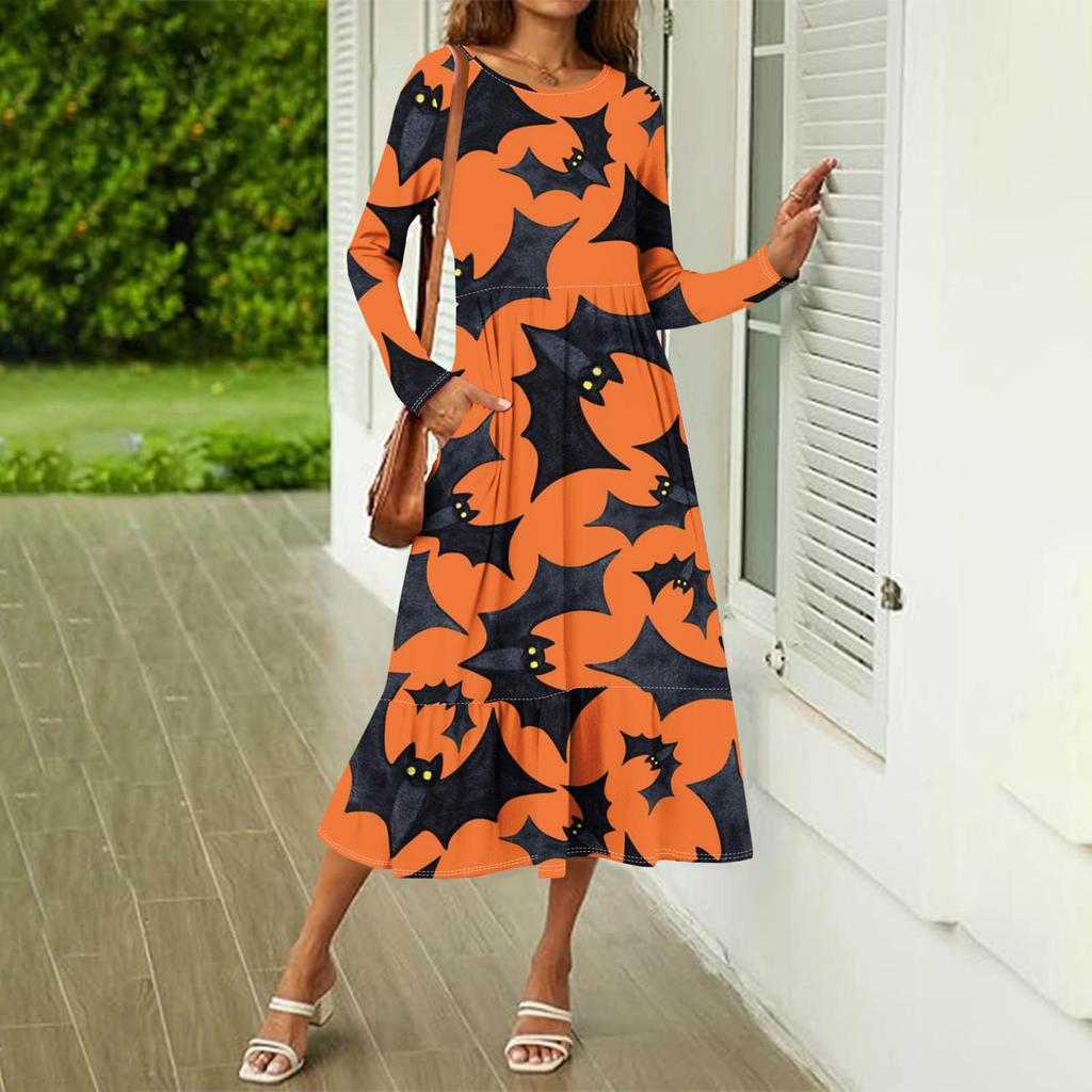 Женское повседневное платье с принтом на Хэллоуин, весна-осень, карман, круглый вырез, длинные рукава, платья