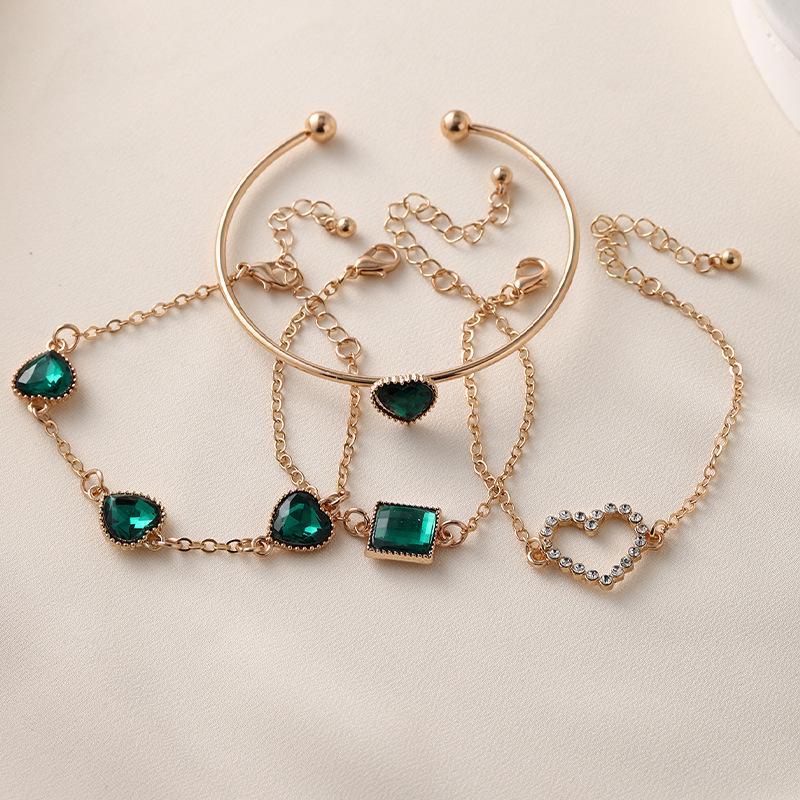 Elegant Emerald Zircon Bracelet Set: European & American Style, Simple Love Light Luxury, 4-Piece, with Shining Square Design