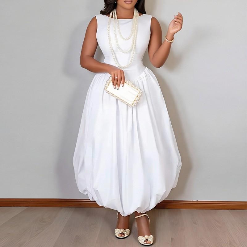 2026 Womens Sleeveless Solid Color Panelled Peplum Midi Dress High-Waisted Fit-and-Flare Style Casual Daily Wear