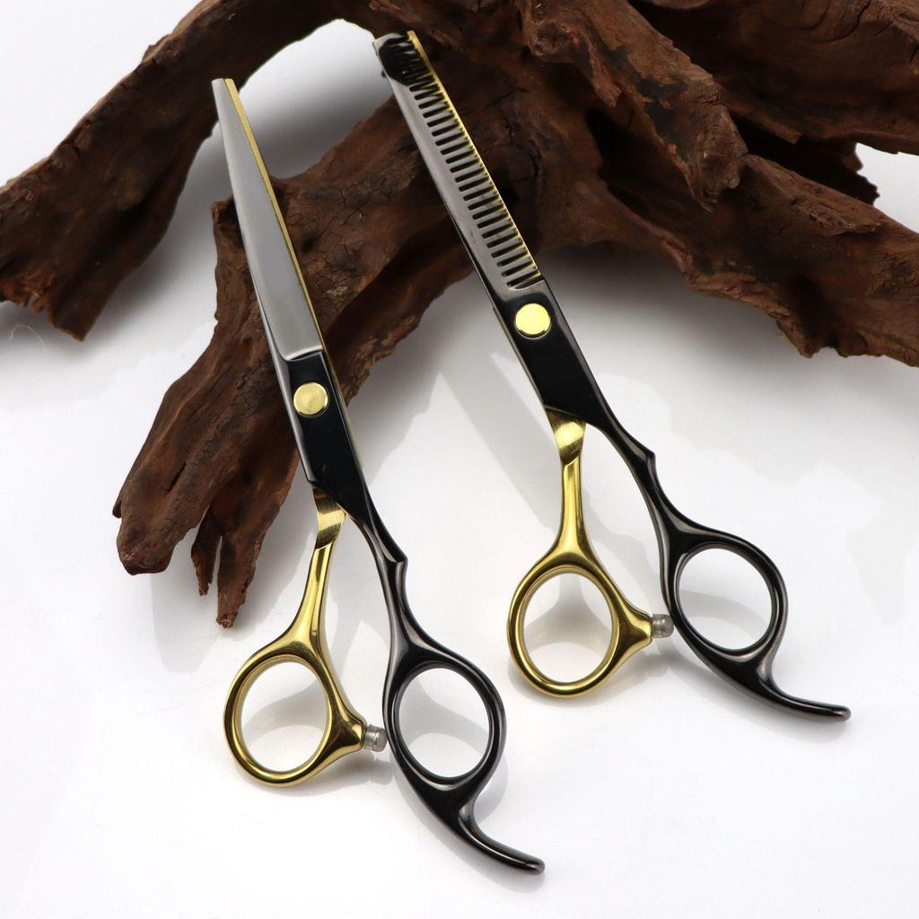 6.0 Inch Black Gold Hairdressing & Barber Scissors: Straight Shears and Thinning Shears