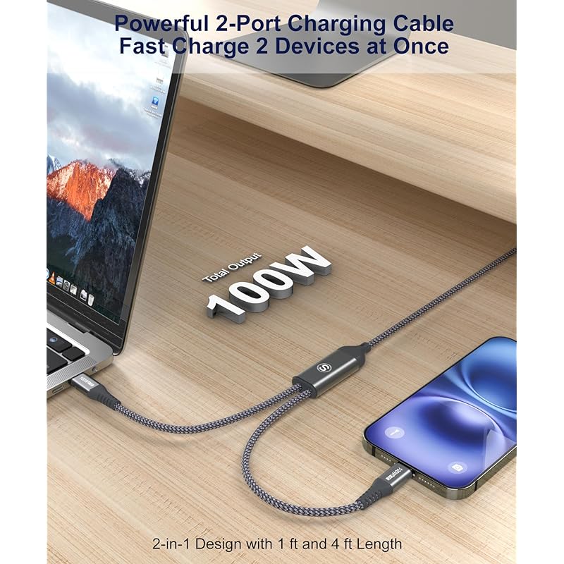 USB Type C Cable [1.3M/1 Set 2-in-1 PD 100W ]sweguard To Cable Fast Charging 2.0 Cable Forked Charging 2 Devices At the Same Time iPhone16/iPhone15