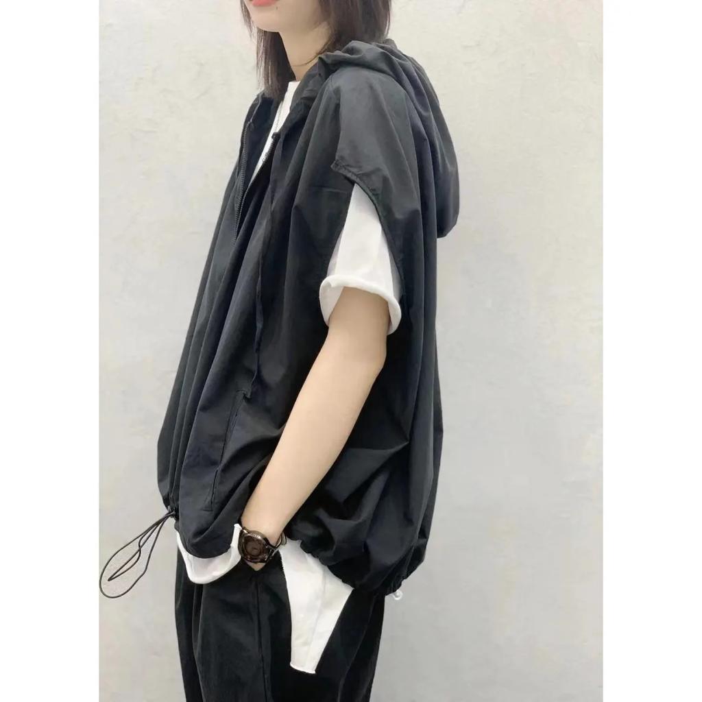 Жилет женская летняя осенняя свободная куртка большого размера в стиле ретро, ​​тонкое черное, серое пальто с верхним карманом на молнии с капюшоном