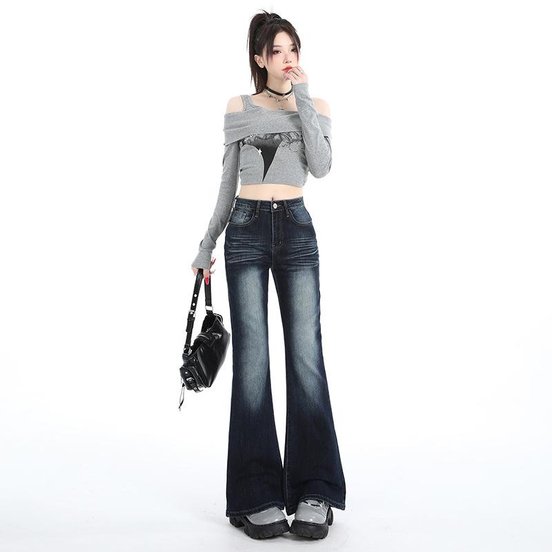 Spice girl design feeling slightly pull jeans women's autumn new high-waisted elastic slim-fitting thin flared floor pants