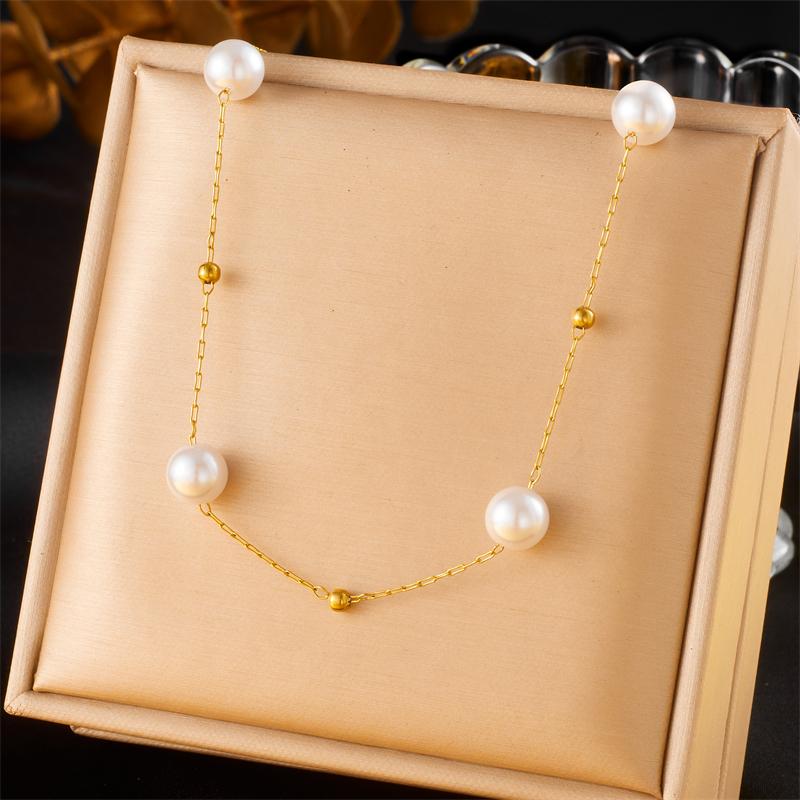 DIEYURO 316L Stainless Steel Round Pearl Simplicity Necklace Bracelet For Women New Trend Golden Non-fading Jewelry Set