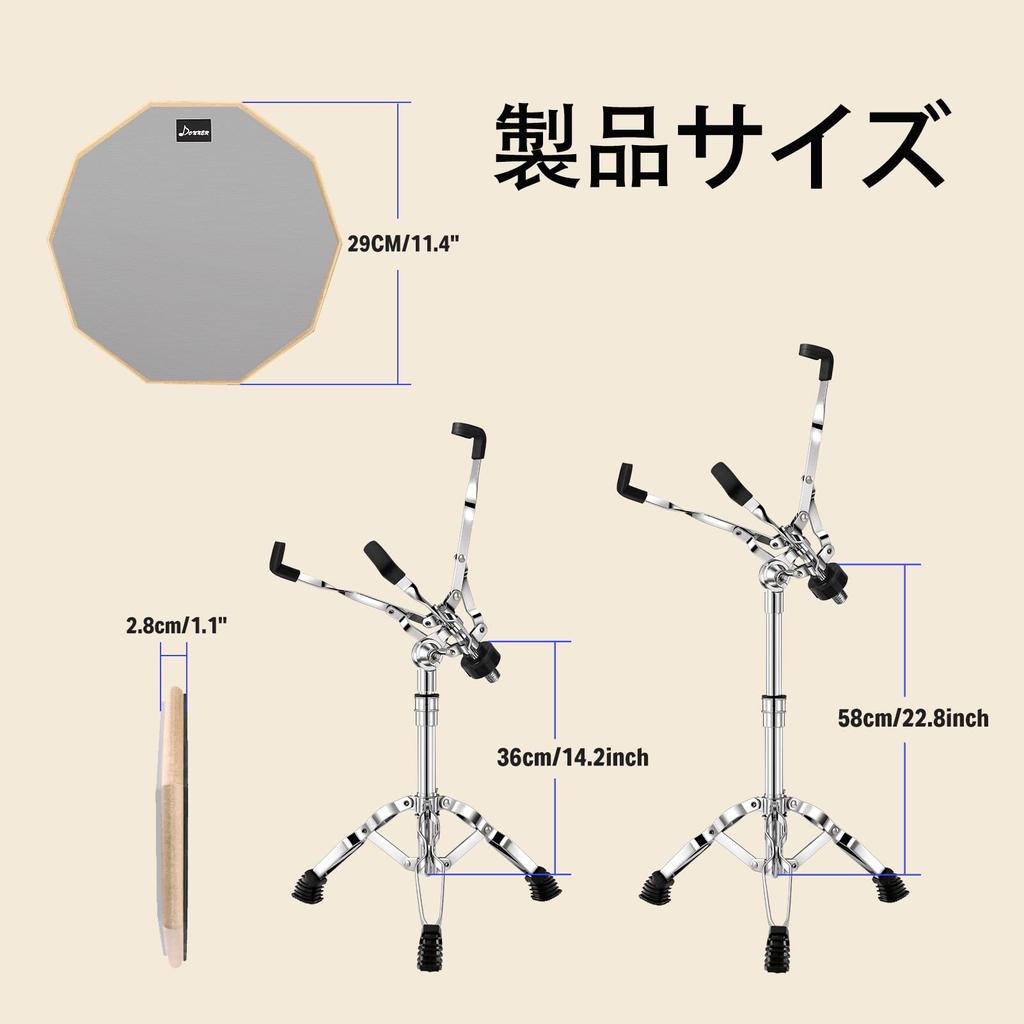 Donner Drum Practice Pad для тихой стойки малого барабана, портативный барабан, 3 пары барабанов, 6 барабанных гелей, обучение, набор, рюкзак, палочки, (12 дюймов)