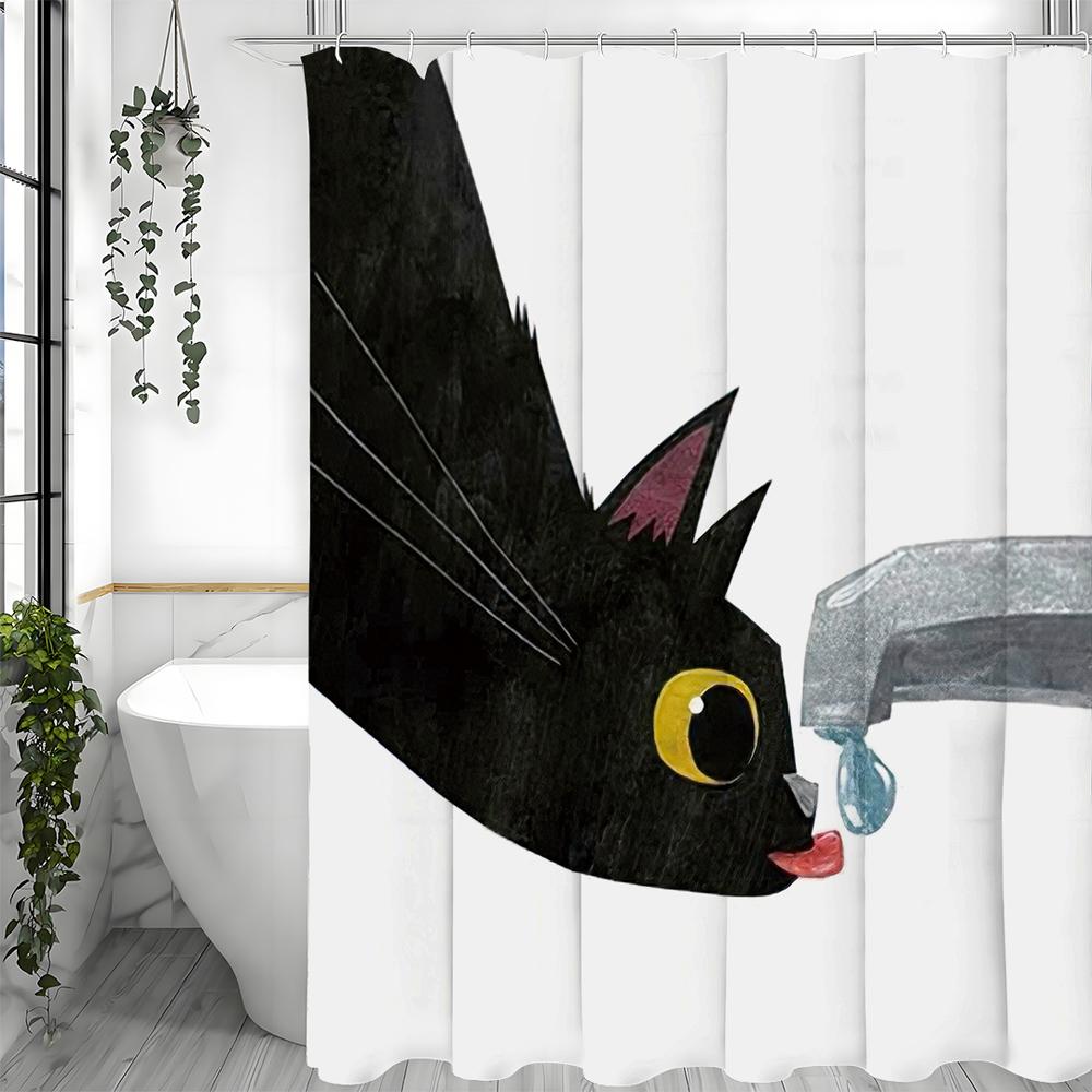 Cartoon Black Cat Drinking Shower Curtain, Bathroom Decorative Shower Curtain, Waterproof Shower Curtain with Hooks