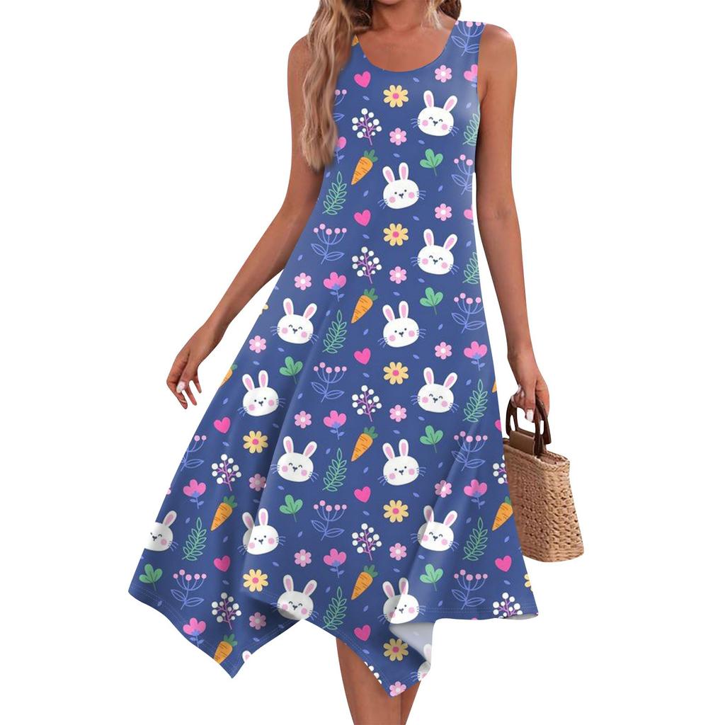 Women's Casual Fashion Round Neck Sleeveless Print Irregular Hem Midi Dress