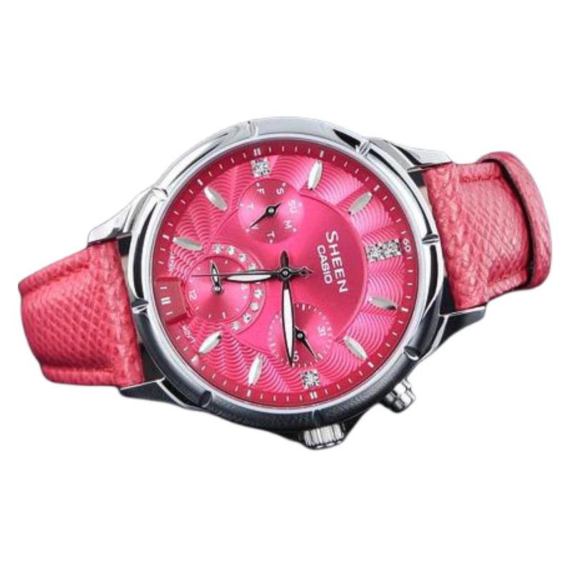 Casio Серия CASIOSHEEN водонепроницаемый кварцевый механизм кожаный ремешок японские и корейские часы женские часы красный циферблат SHE-3047L-4A