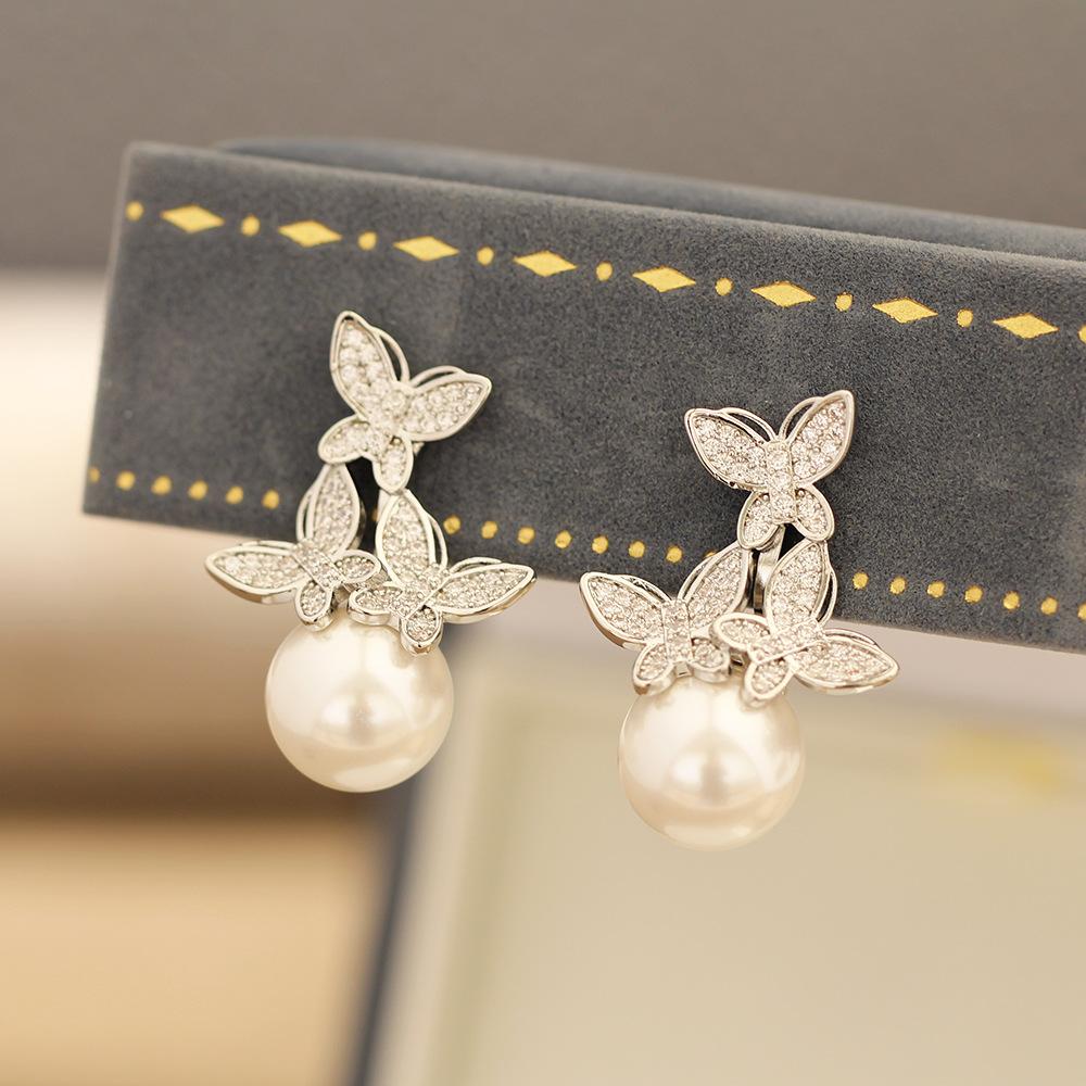 High-end wedding dress, wedding earrings, diamond-encrusted, exquisite butterfly pearl earrings, temperament, versatile earrings, ear clips, women
