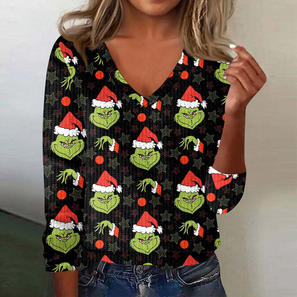 Women's Cute Sweatshirt Knitted Fashion Casual V-neck Long-sleeved Cozy Print Top