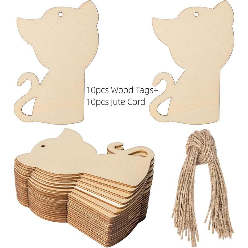 10pcs Unfinished Wooden Cat Cutouts With Holes Blank Natural Cartoon Tags Ornaments Pendants DIY Arts Crafts Party Decorations