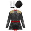 Womens Sequin Circus Ringmaster Bodysuit Top Hat Bow Fake Collar and White Gloves 4-Piece Set for Halloween Magician Party