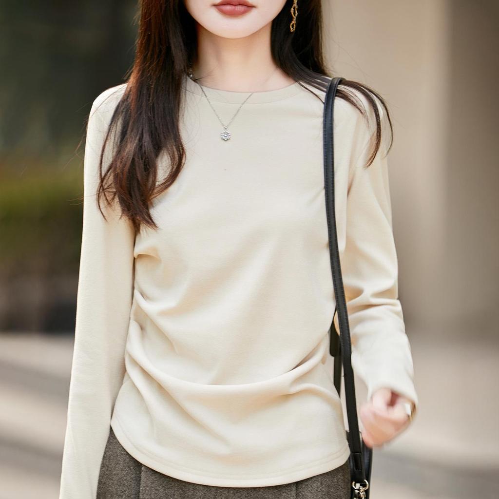 2025 Fall/Winter Women's Round Neck Pleated Double-Sided Fleece Long-Sleeve Knit Top