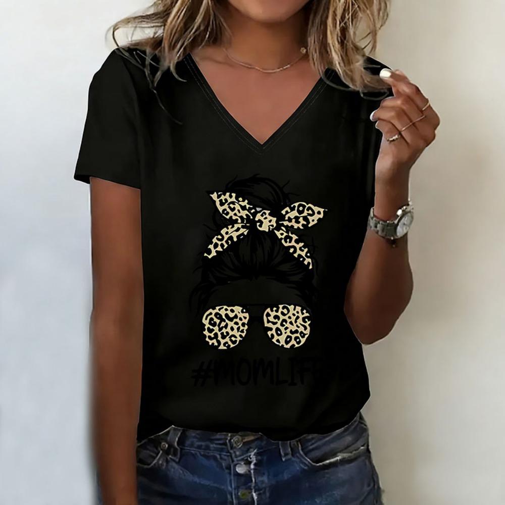 Casual T-shirt V Neck Fashion Leopard MOM Life Printed T Shirts Women Short Sleeve V-Neck Tee Shirt Summer Female Girls Tee