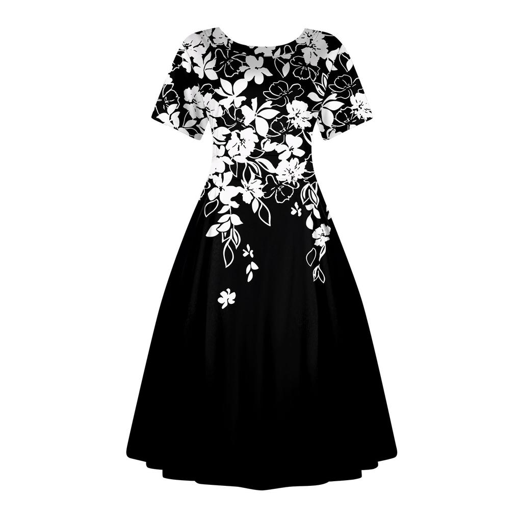 Женское повседневное модное платье с винтажным принтом, круглые платья миди с коротким рукавом и длинными большими распашными платьями