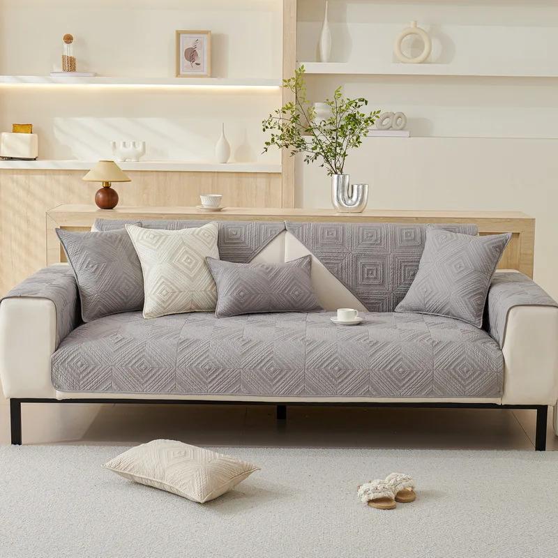 Non-slip Cushion for Living Room Sofa Cover Cream Wind Sofa Cover Pure Cotton Solid Color Embroidered Fabric Art Sofa Cushion