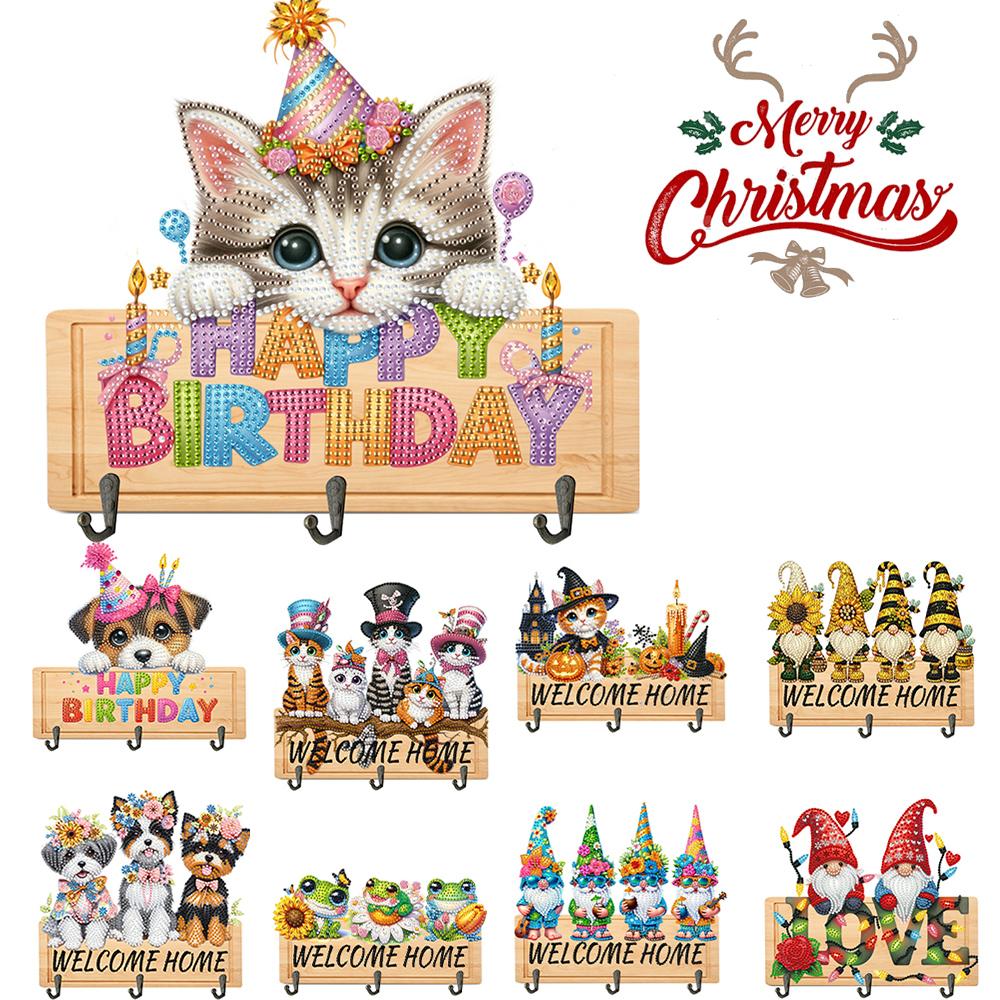 Wooden Diamond Art Hanging Hooks with 3 Hooks Rhinestone Painting Coat Hook Welcome Home Dog DIY Diamond Painting Art Hooks