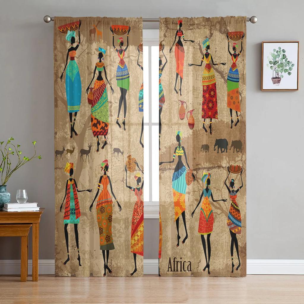 Sunset African Woman Child Tree Silhouettes Tulle Sheer Curtains for Living Room Bedroom Window Curtain Voile Organza Drapes