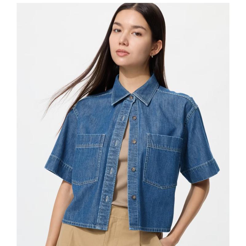 Uniqlo 483877 Джинсовая рубашка-коробка с коротким рукавом СИНИЙ НАВИ И НАТУРАЛЬНЫЙ Япония