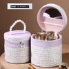 Round Makeup Organizer Case for Women, Vintage Cosmetic Train Case with Mirror and Pearl Handle, Portable Travel Vanity Bag
