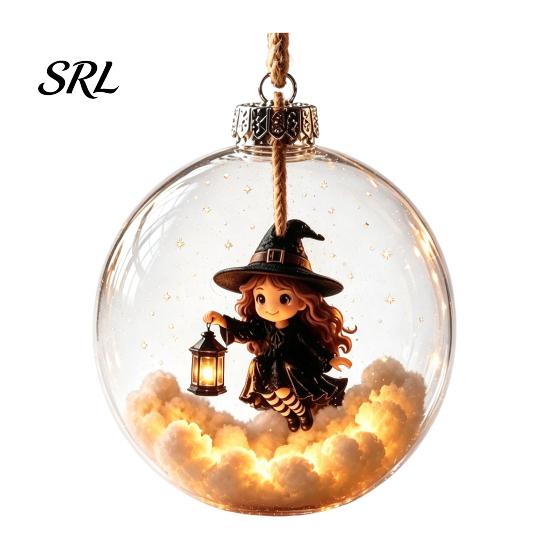 Indoor Holiday Hanging Ball Halloween Glowing Sphere, Lighted Clear Ornament, Cute Witch Office Event Decoration Cat, LED for Mantel Party Decor Home