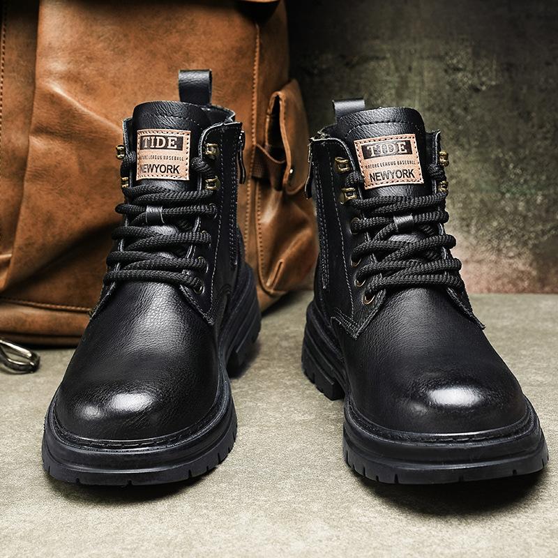 Men's Retro High Top Leather Boots Autumn Winter Trendy Motorcycle Short Boots Workwear Knight Boots