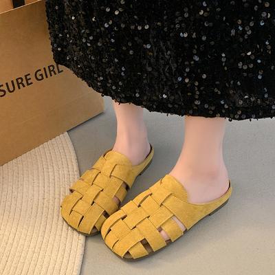 Тапочки Baotou, женская летняя одежда 2025 года, новые ретро-тканые полые дышащие удобные ленивые плоские тапочки