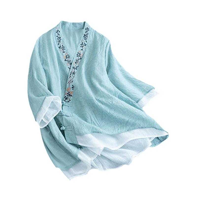 Women's V-Neck Cotton Linen Shirt - Spring/Summer 2024, Loose Fit, Large Size, Casual Short-Sleeve