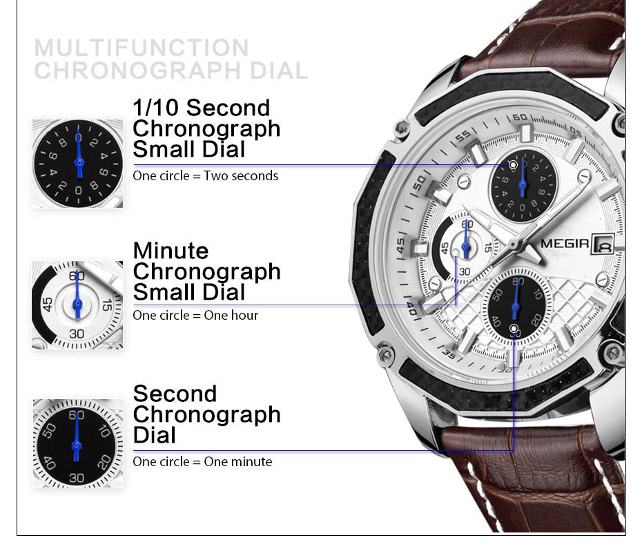MEGIR Men's Watch Brand Luxury Casual Watch Quartz Chronograph Leather Strap Waterproof Wristwatch Calendar Male Clock