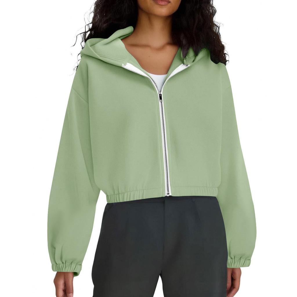 Women's Fashion Solid-Color Hooded Jacket Short-Length Zipper Sweatshirt Outerwear