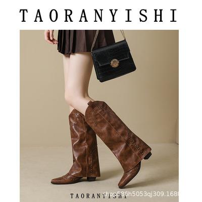 Летние новые ретро ботинки-вестерны с маленьким квадратным носком женские коричневые ботинки-трубы для брюк с заклепками универсальные ботинки на толстом каблуке